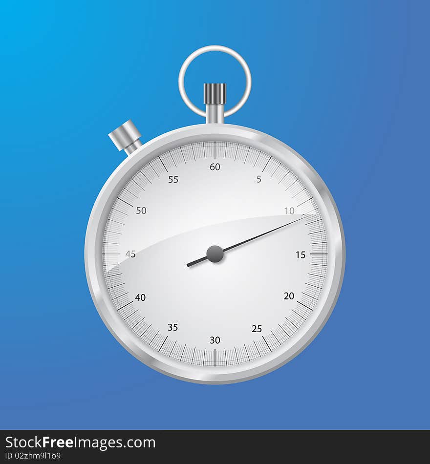 Silver analog stop watch a computer illustration in blue background