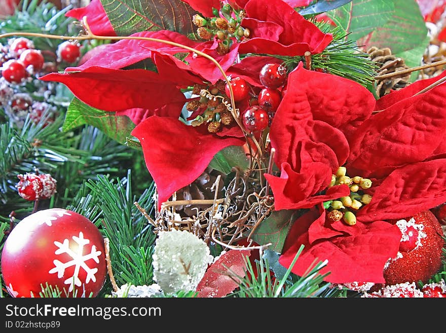 Close-up of a Christmas wreath with colorful decorations