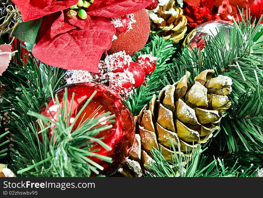 Close-up of a Christmas wreath with colorful decorations