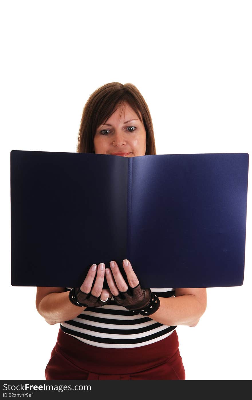 A middle aged woman reading in a big book, with black gloves and
standing in the studio. A middle aged woman reading in a big book, with black gloves and
standing in the studio.