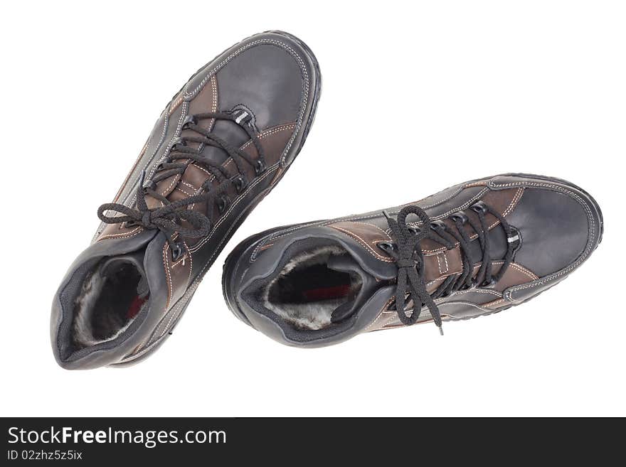 Black leather shoes on a white background