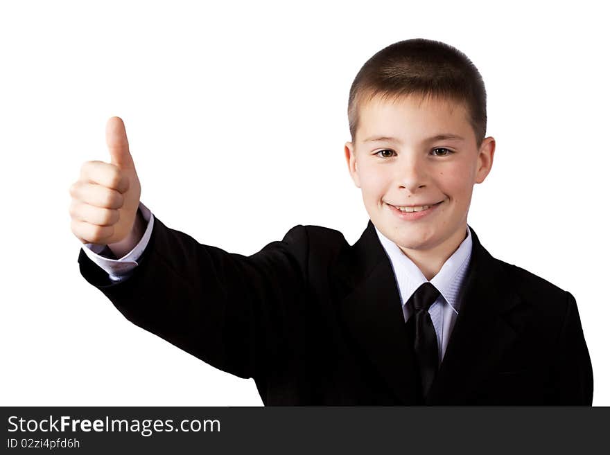 Boy gives thumbs up, isolated on white