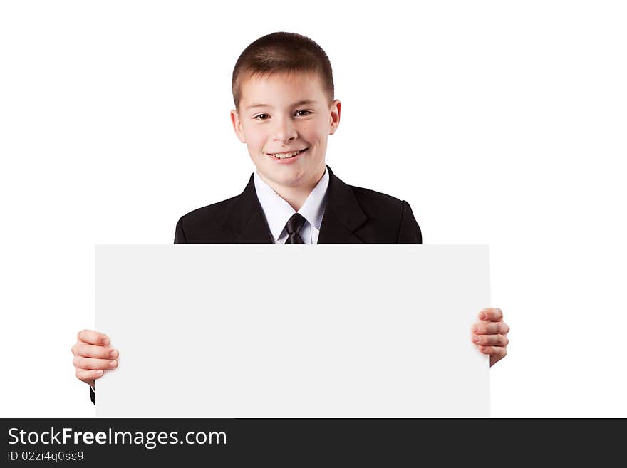 Boy holding  banner isolated on white