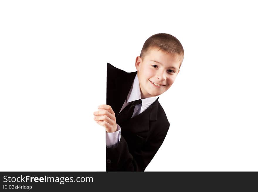 Boy holding  banner isolated on white