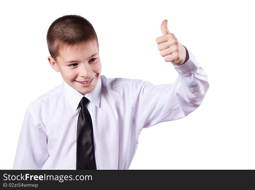 Boy gives thumbs up, isolated on white