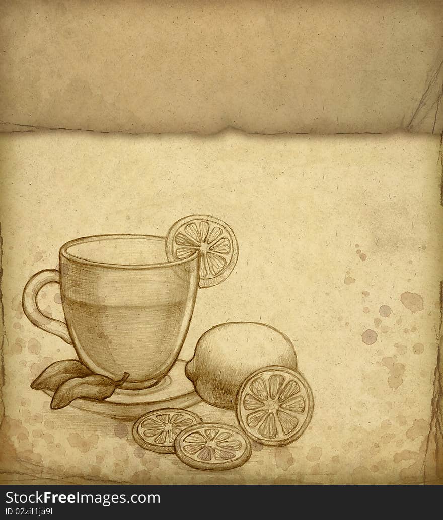 Pencil drawing of glass cup of tea