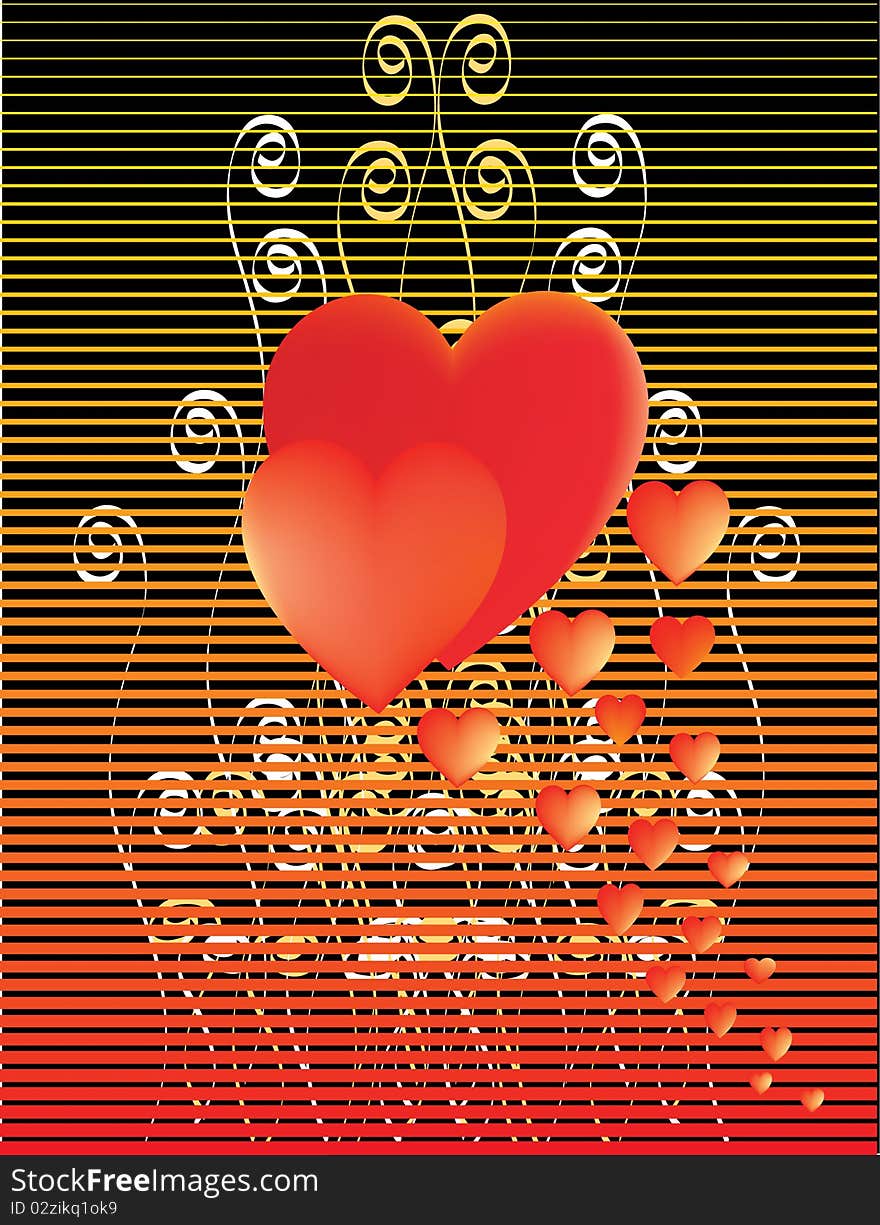 Hearts on black background with lines and patterns