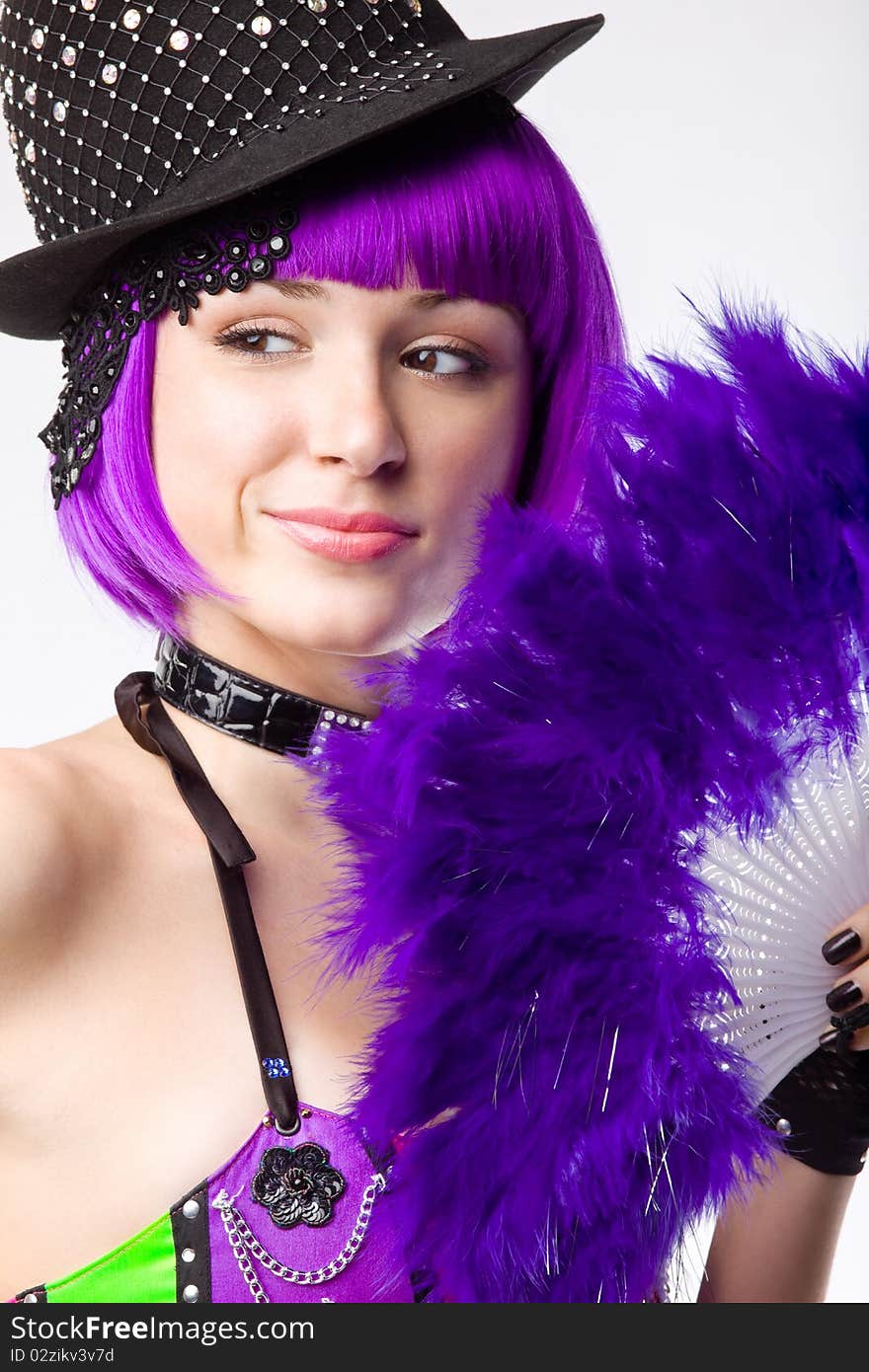 Young disco girl with purple hair and fantail. Young disco girl with purple hair and fantail