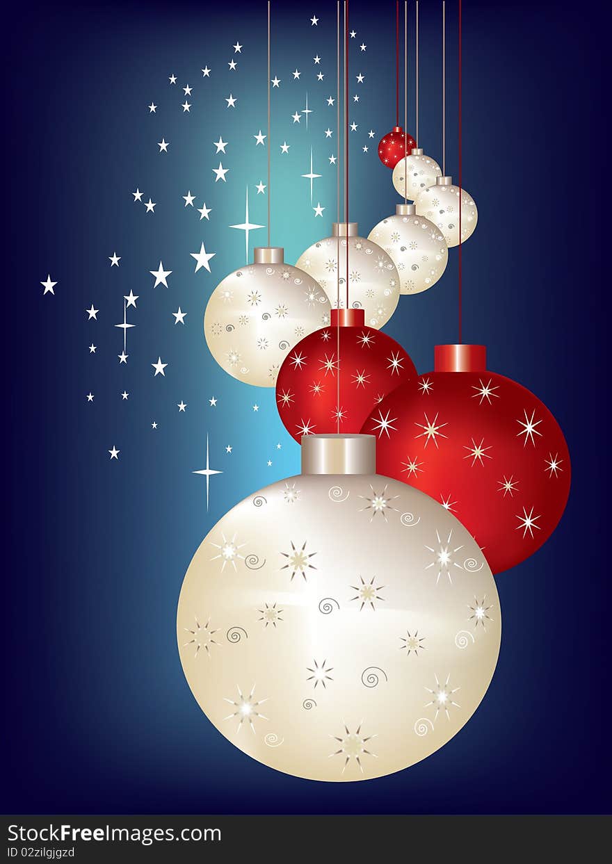 Christmas theme with patterned red and silver baubles, bright stars on blue background.