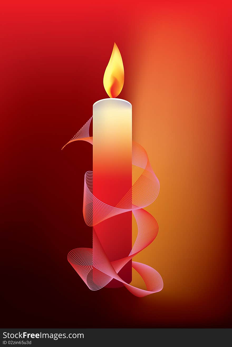 Candle with ribbon on warm red background. Candle with ribbon on warm red background