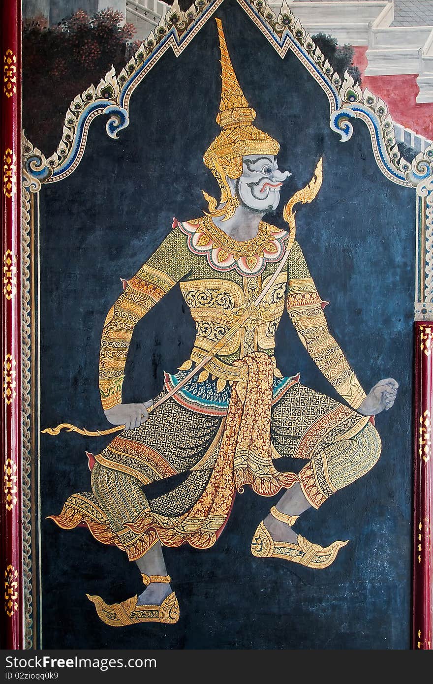 Thai art gold painting on wall