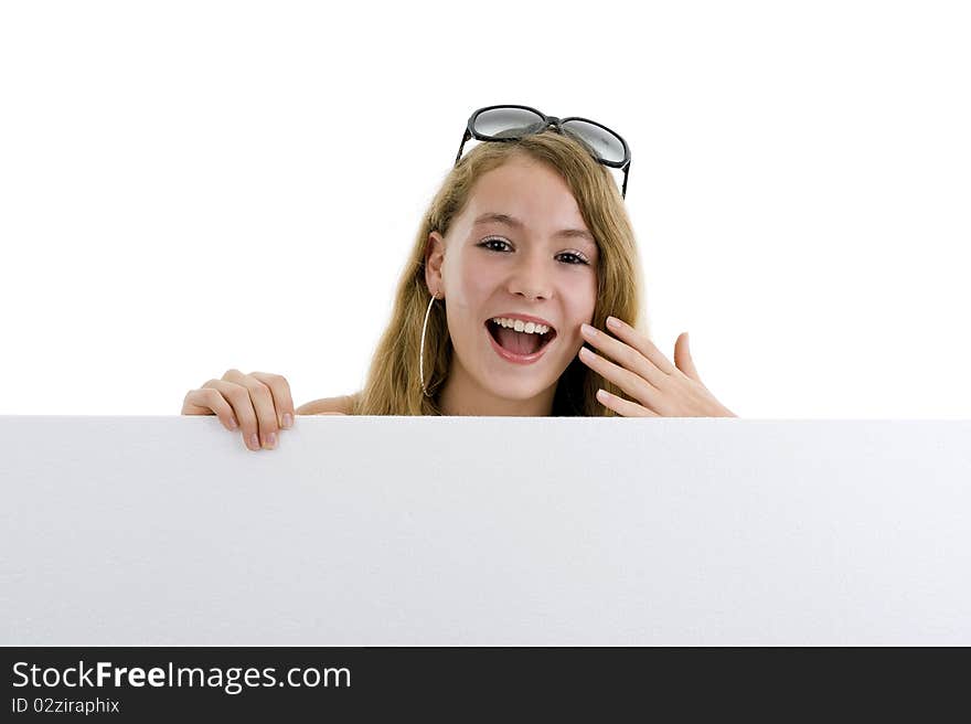 Happy blond girl with blank display board, isolated on white background