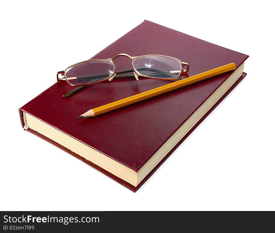 Book is glasses and pencil isolated on white background