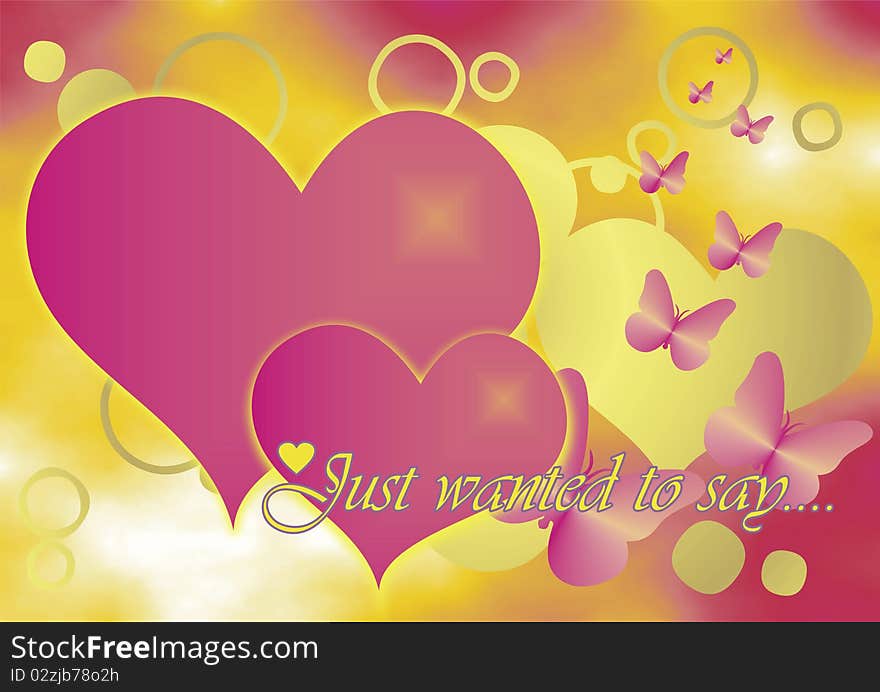 Two pink hearts with butterflies against colourful background. Two pink hearts with butterflies against colourful background