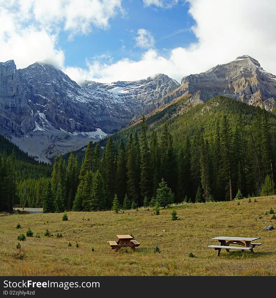 Mt. Smith-Dorrien and Mt. Murray as seen from picnic area. Peter Lougheed Provincial Park, Kananaskis Country, Alberta, Canada. Mt. Smith-Dorrien and Mt. Murray as seen from picnic area. Peter Lougheed Provincial Park, Kananaskis Country, Alberta, Canada