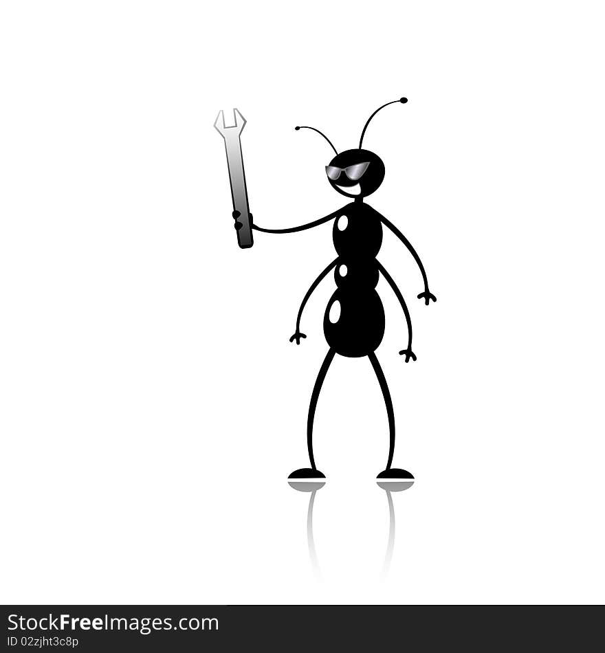 Vector illustration of funny cartoon ant mechanic