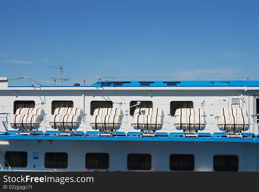 Six inflatable life rafts on a cruise ship. Six inflatable life rafts on a cruise ship