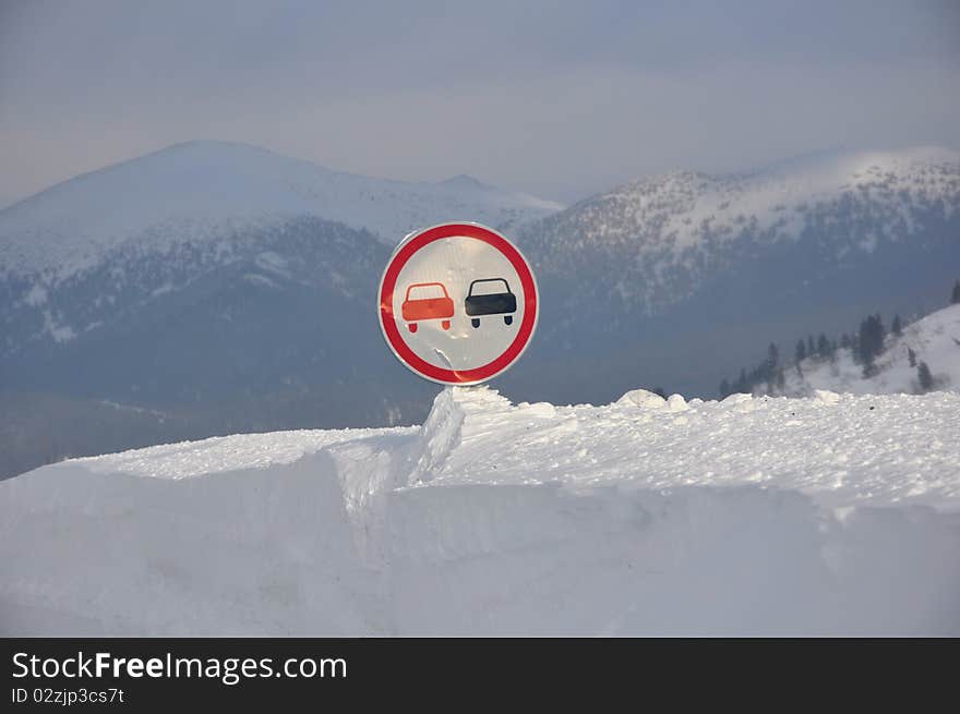 Road Sign In The Snowdrift. Highway M54. Southern Sibiria. Sayany mountain. Winter 2010.