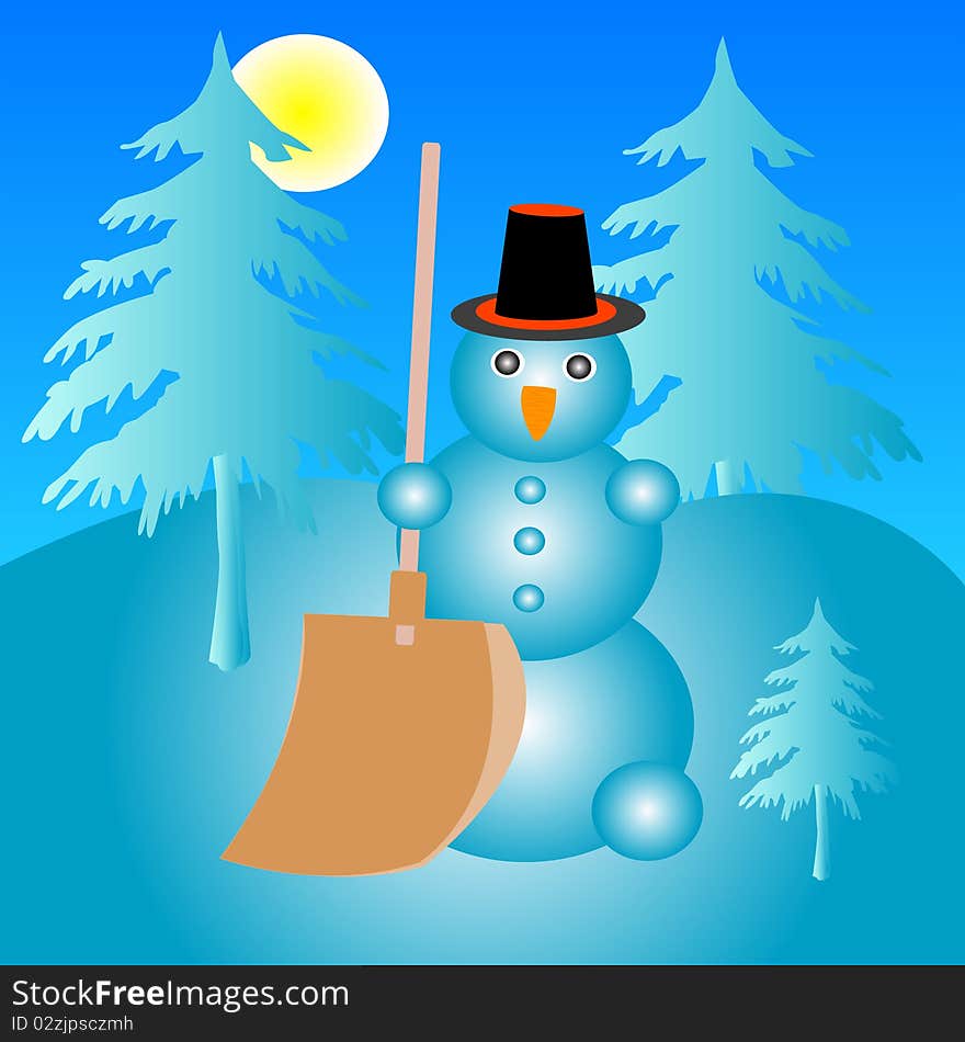 Molded from snow snegovik in hat and with shovel in hand in wood. Molded from snow snegovik in hat and with shovel in hand in wood