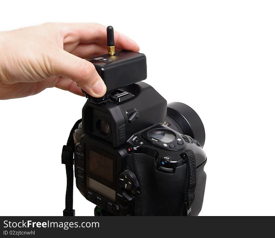 Camera with radio trigger isolated on white