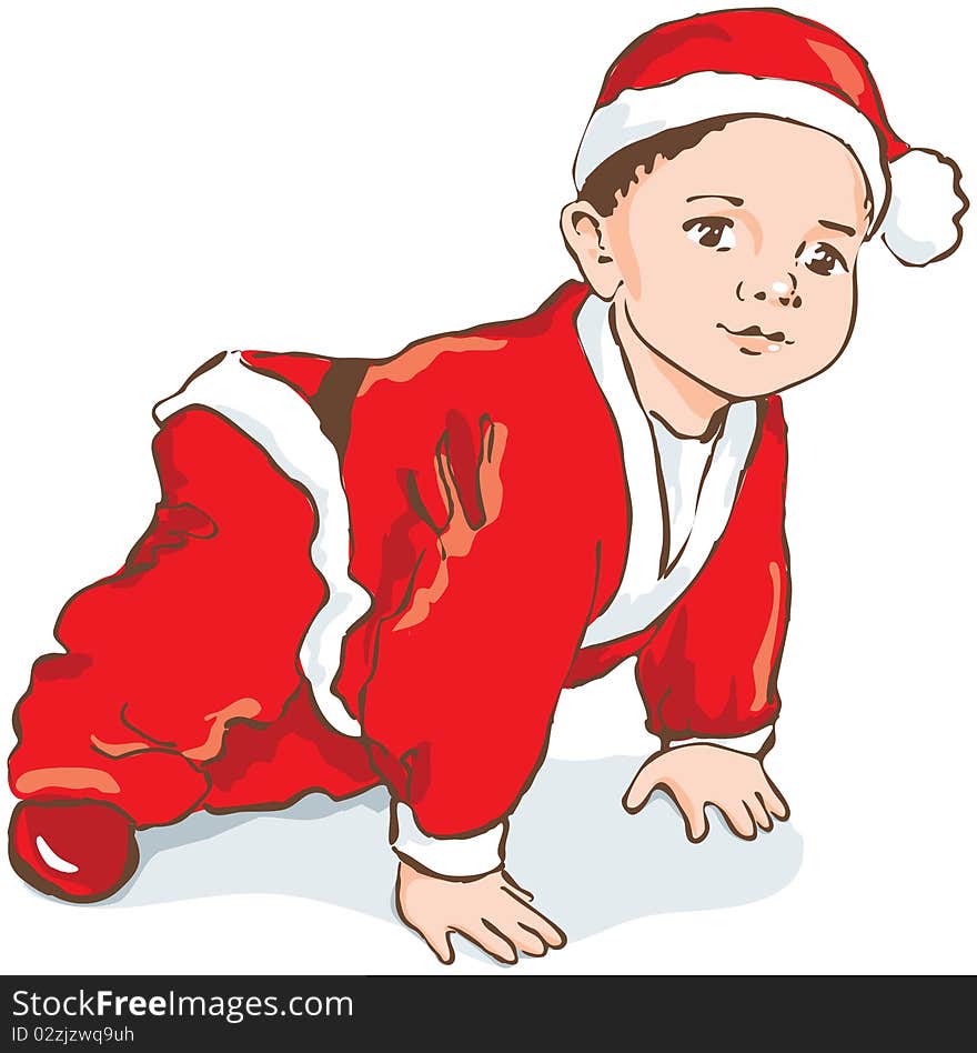 Baby in Santa costume creeping, hand drawn. Vector illustration. Baby in Santa costume creeping, hand drawn. Vector illustration