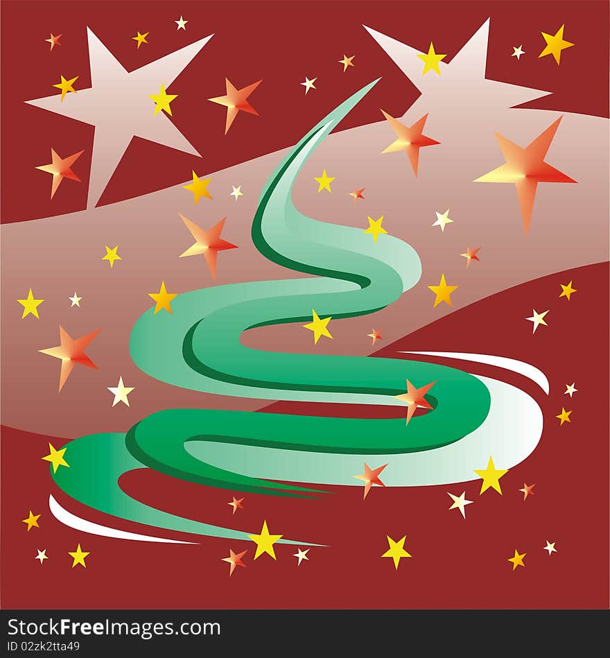 Green abstract tree with stars against red background. Green abstract tree with stars against red background