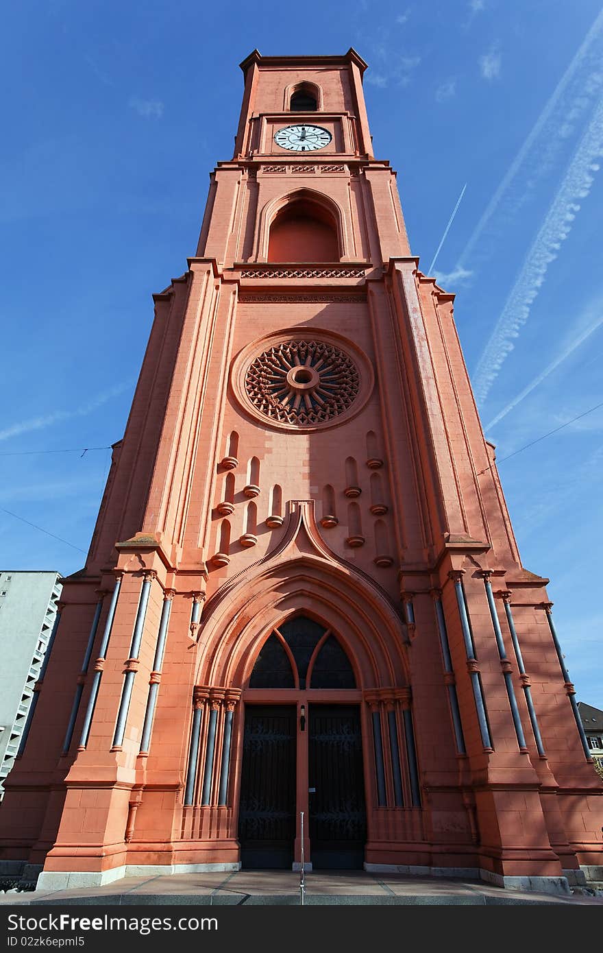 Church in Neuchatel with blue sky in summer. Church in Neuchatel with blue sky in summer