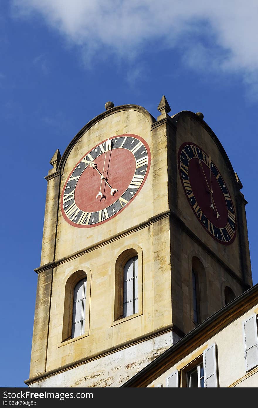 Tower whith clock in Neuchatel in Switzerland. Tower whith clock in Neuchatel in Switzerland