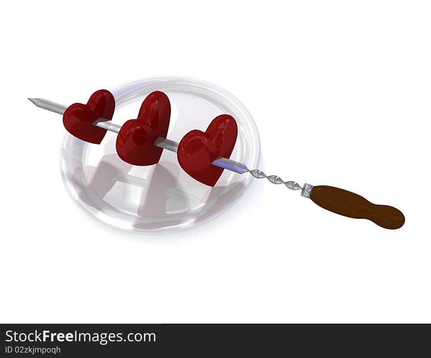 Red hearts on steel skewer. Red hearts on steel skewer