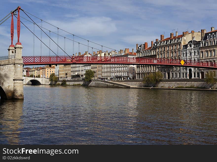 Red footbridge in Lyon city