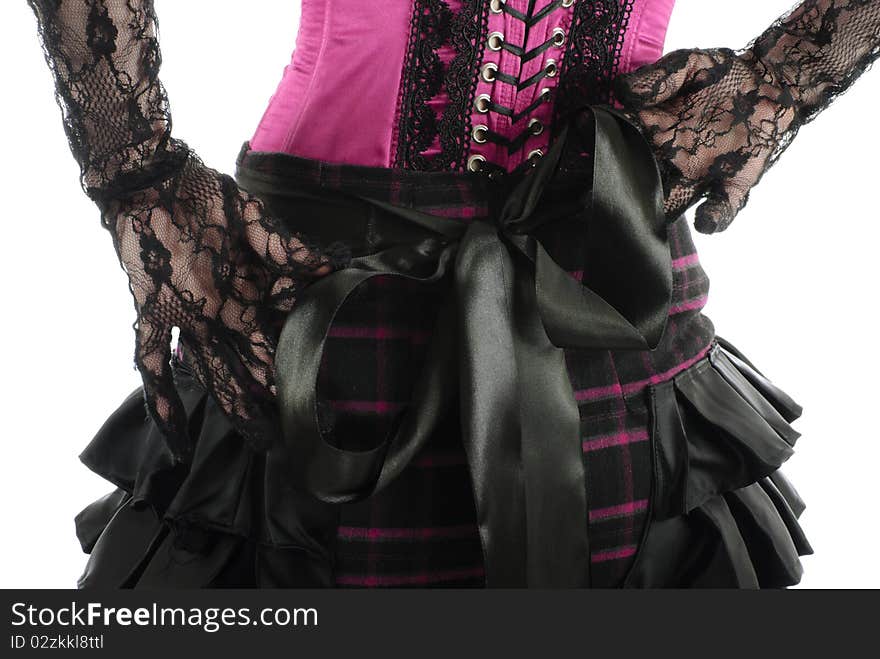 Woman's back in pink corset. Female hands in gloves fasten big black bow at the back. Isolated on white background. Woman's back in pink corset. Female hands in gloves fasten big black bow at the back. Isolated on white background