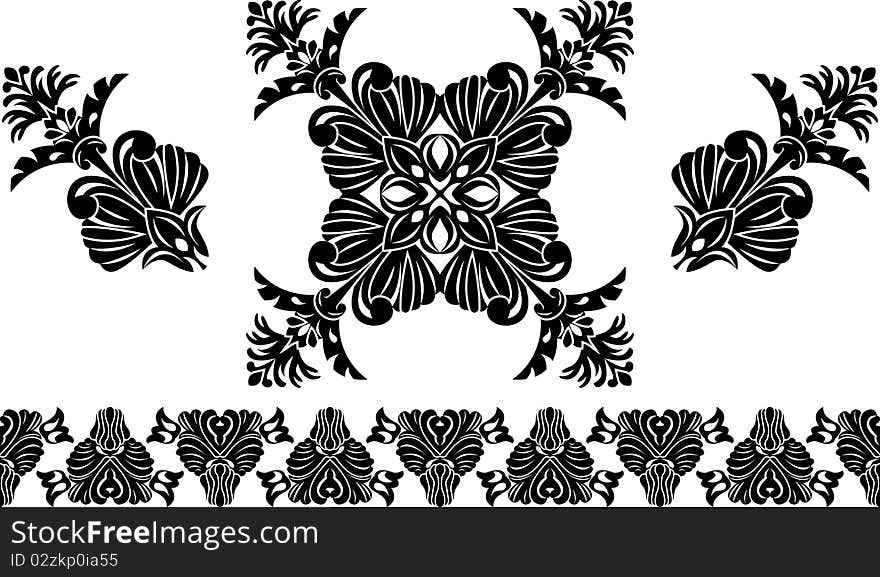 Set of decorative elements, border and flower patterns