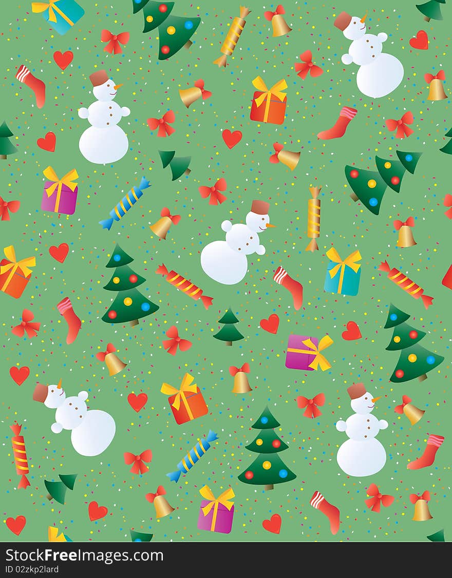 Green Christmas background with snjwman and Christmas tree