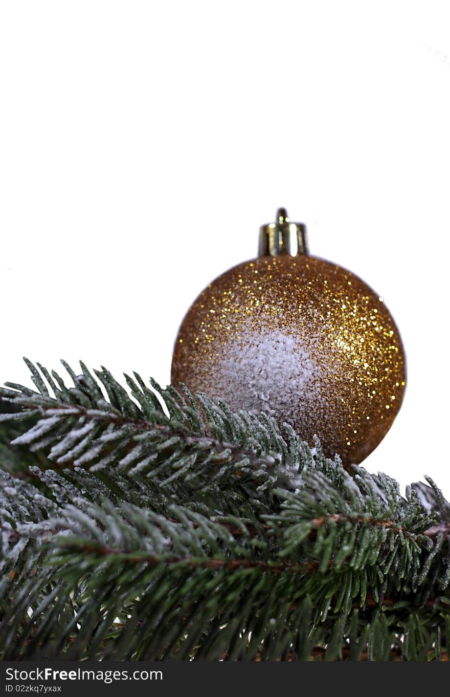 Christmas decoration, bronze christmas balls on spruce branch