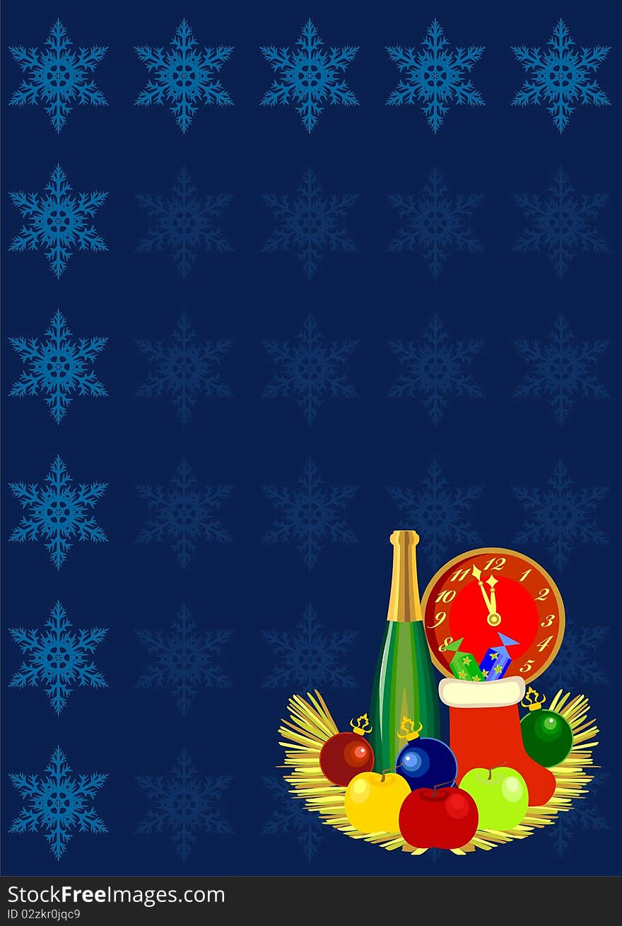 Postcard for Christmas with Christmas tree balls and snowflakes. Postcard for Christmas with Christmas tree balls and snowflakes