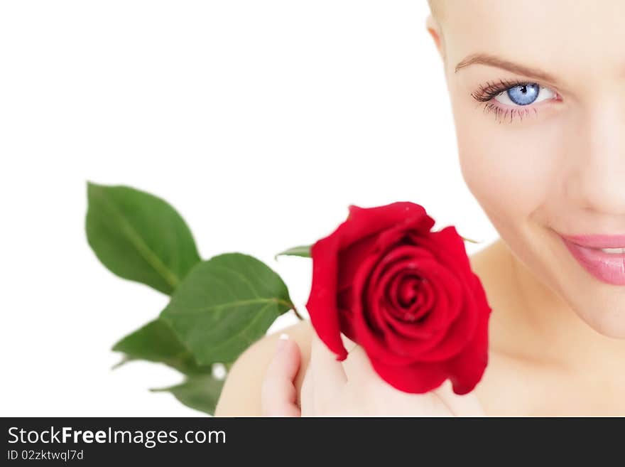 Beautiful girl with a red rose on white background