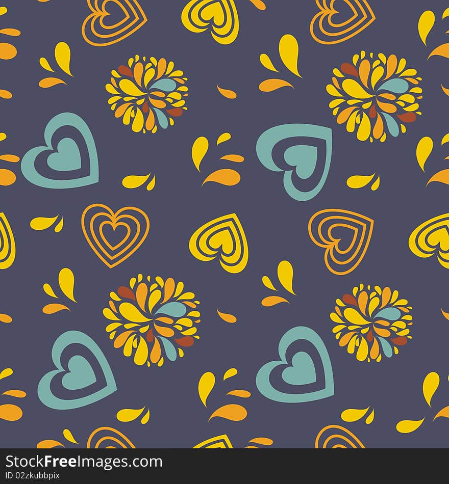 Seamless background with birds, hearts and flowers