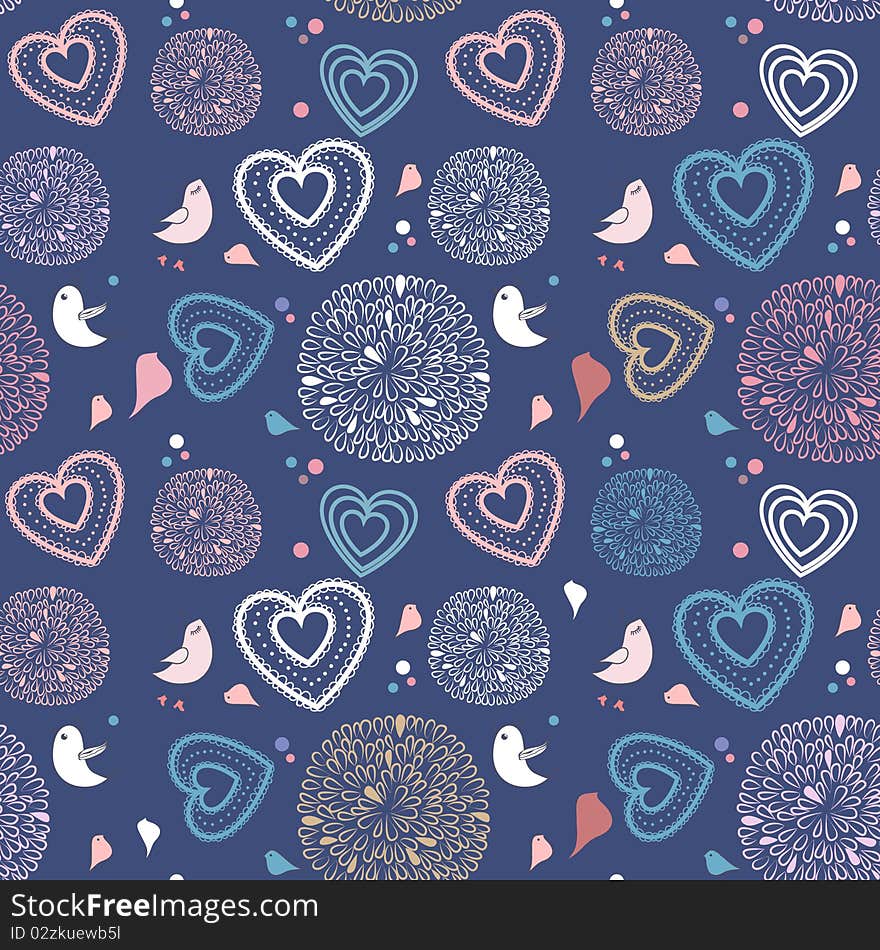 Seamless background with birds, hearts and flowers