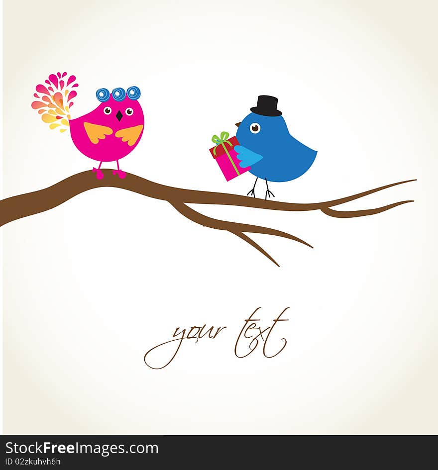 Greeting card with cute birds couple