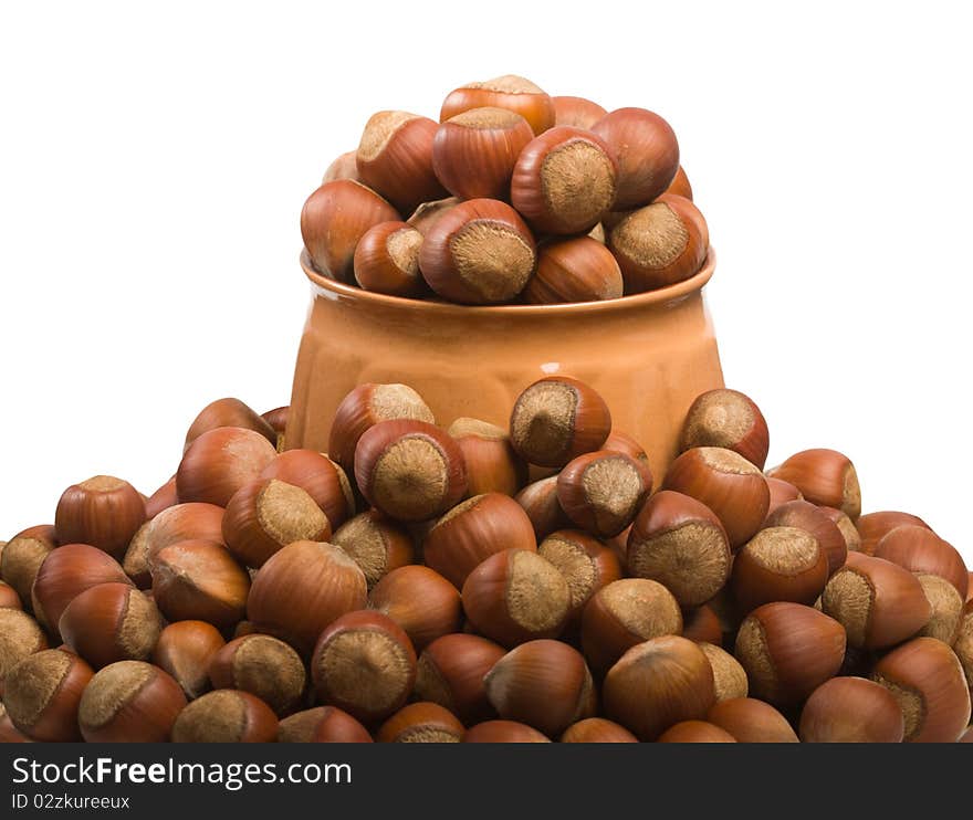 Hazelnuts scattered around the jug