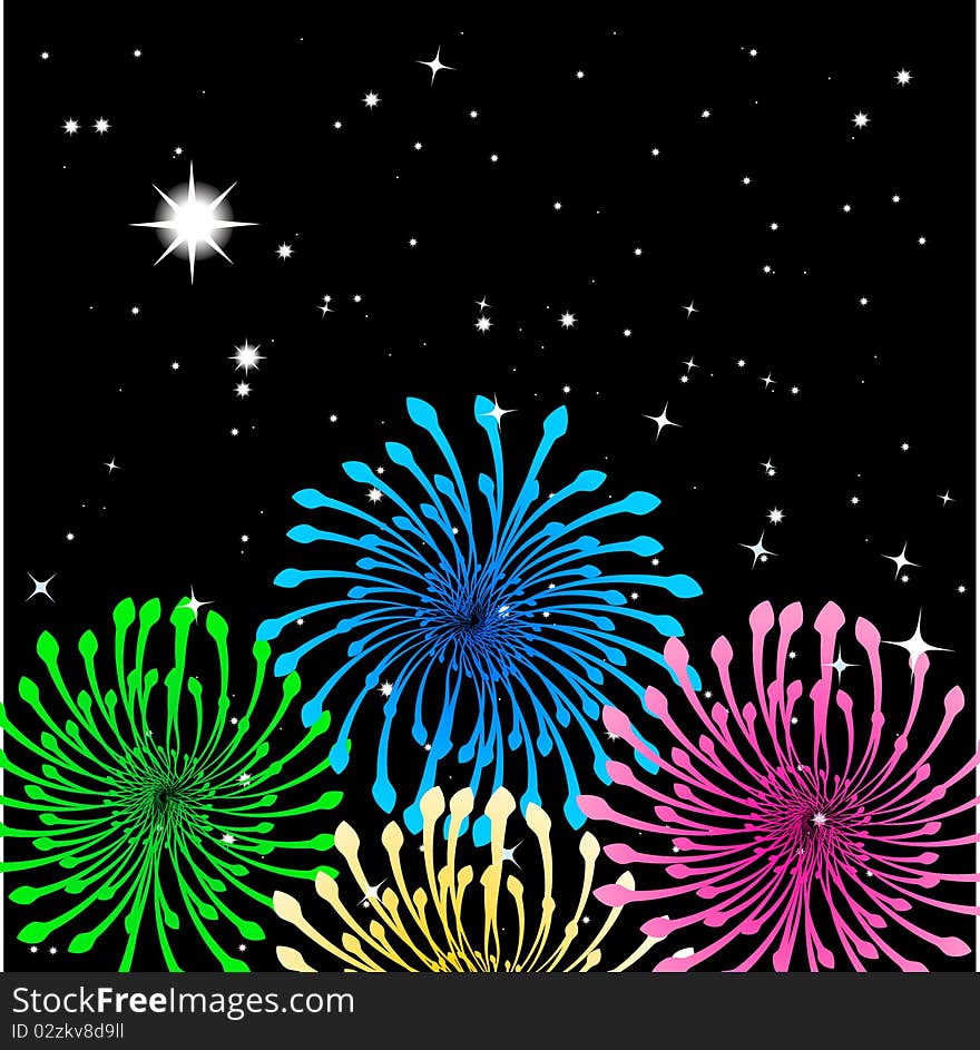 Christmas fireworks on the dark sky. Vector illustration