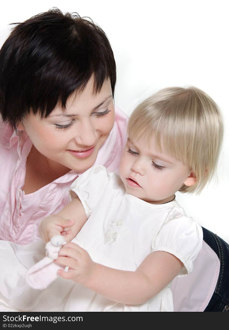 Mother and daughter over white