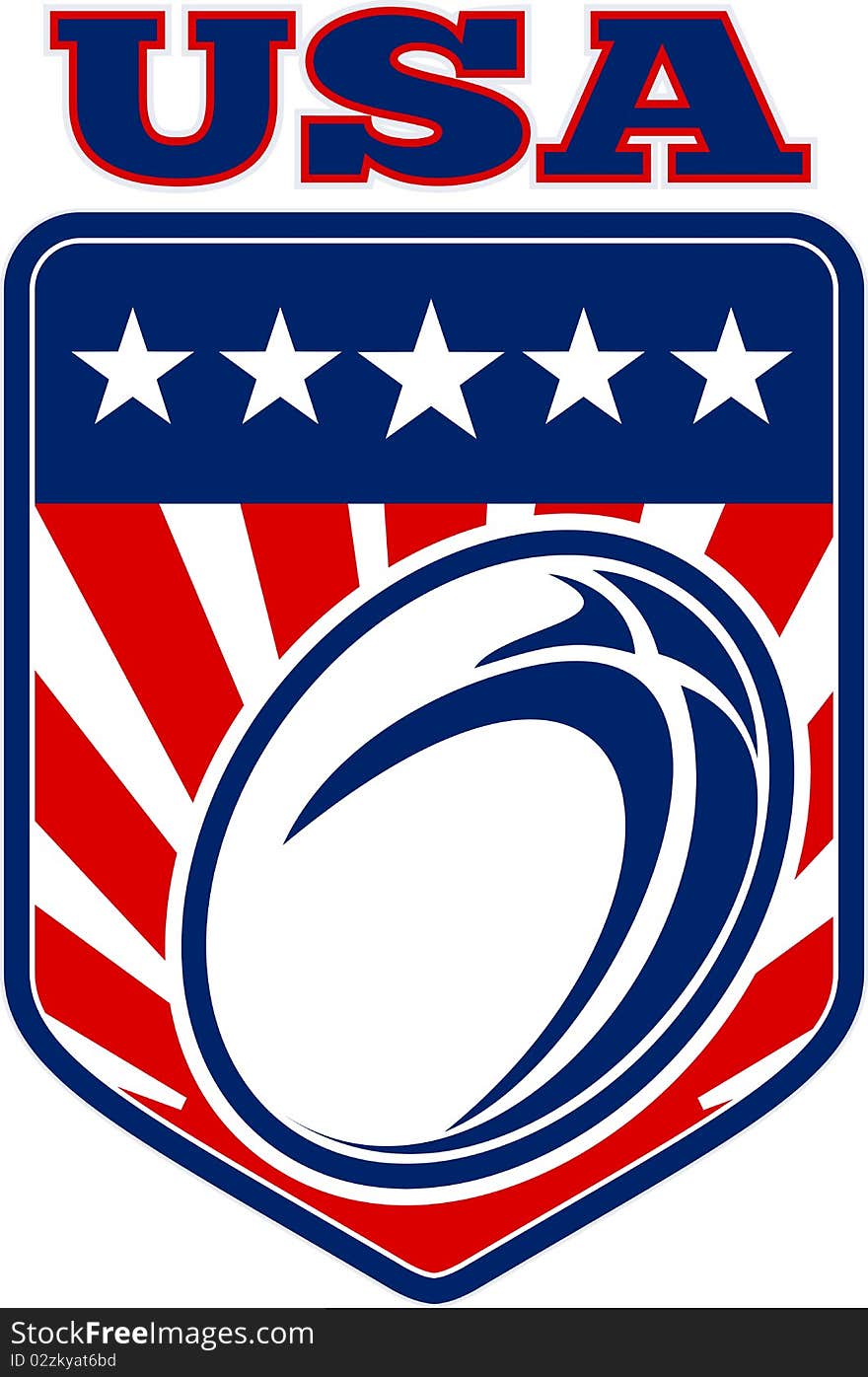 Illustration of a rugby ball with stars stripes and sunburst set inside shield with words USA united staes of america. Illustration of a rugby ball with stars stripes and sunburst set inside shield with words USA united staes of america