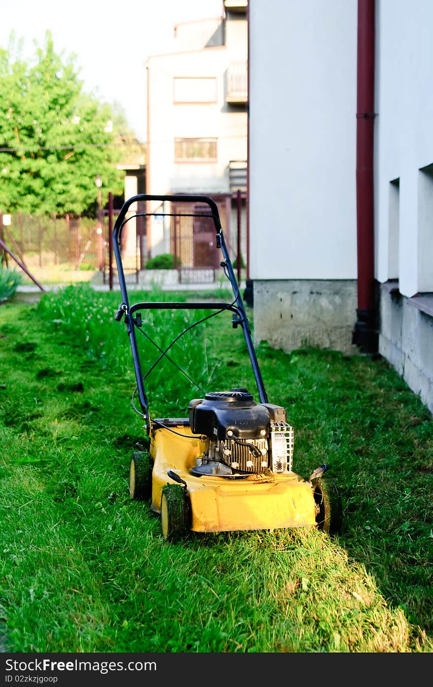 Mower on green lawn