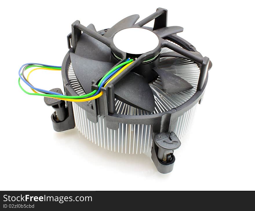 Fan on the white background. The fan of the processor with a wire for a food. Fan on the white background. The fan of the processor with a wire for a food