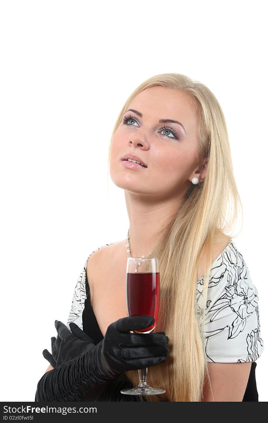 Blond in a dress drink wine