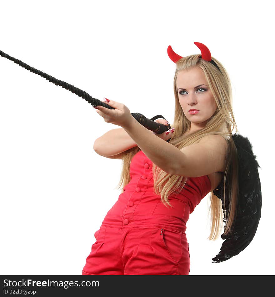 Young sexi blond woman in a costume of red devil