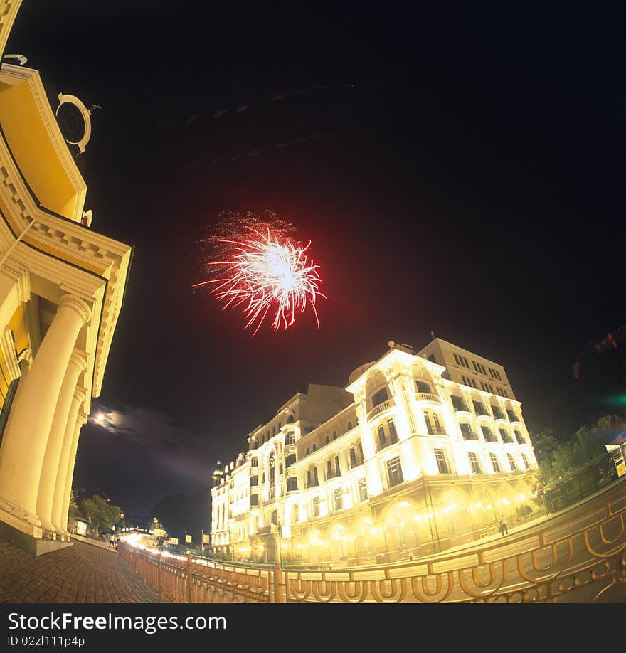 Fireworks over a city.