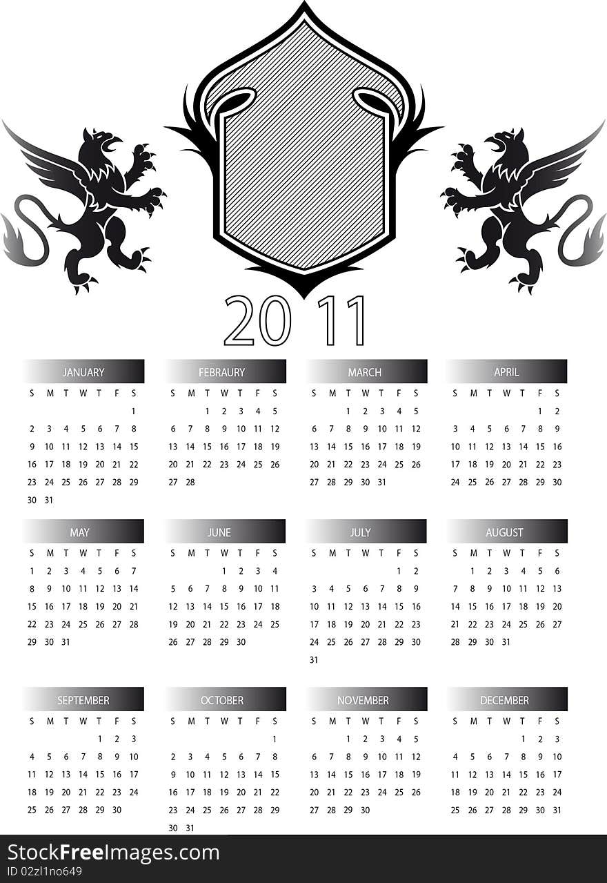 A black and white 2011 calendar. A black and white 2011 calendar