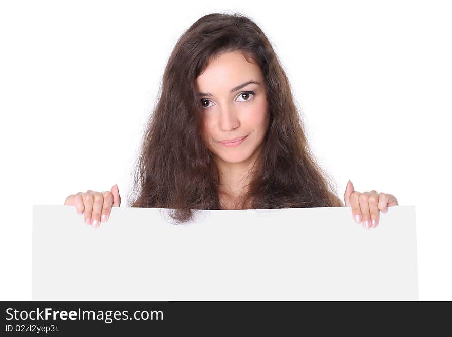 Beautiful woman with white card board. Beautiful woman with white card board